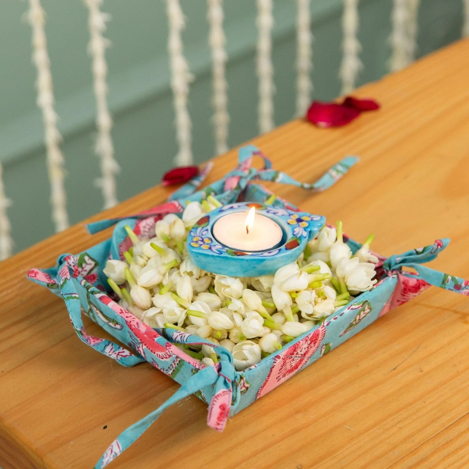 Aqua Floral Blockprinted Foldable Tray