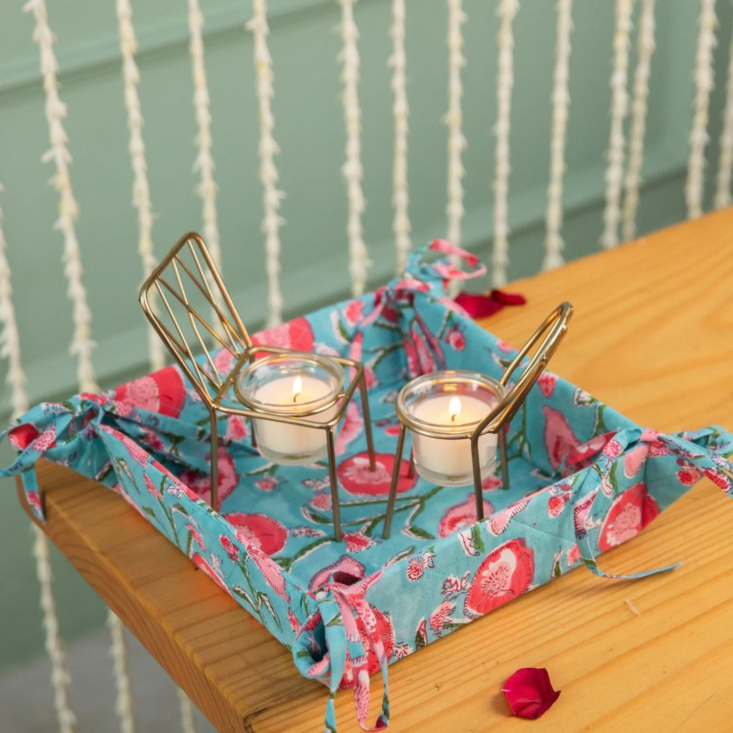 Aqua Floral Blockprinted Foldable Tray