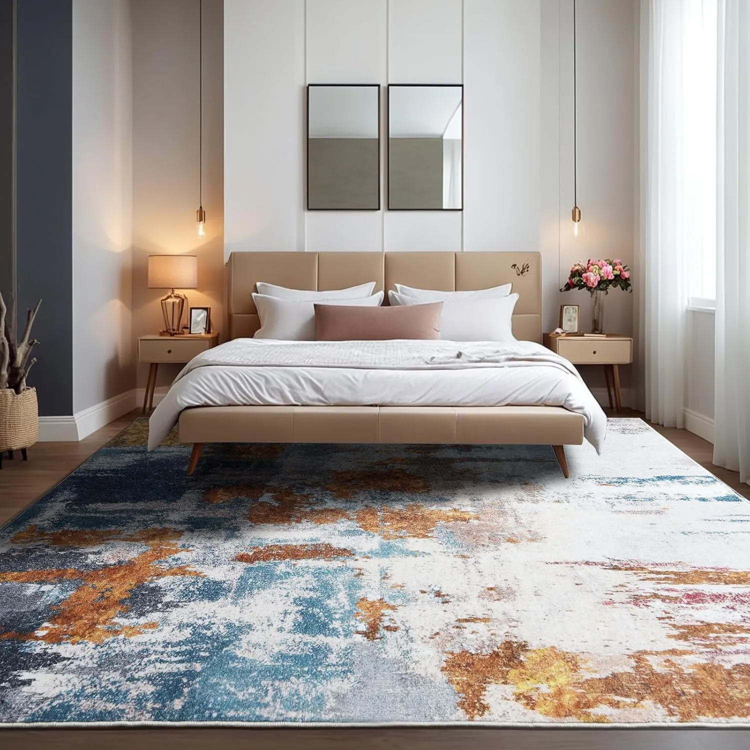 Area Rug 6x9 Washable Rugs Modern Abstract Area Rug Soft Non-Slip Non-Shedding Faux Wool Stain Resistant Floor Carpets for Living Room Bedroom Dining Room Kids Room Home Office (Blue, Grey, Gold)