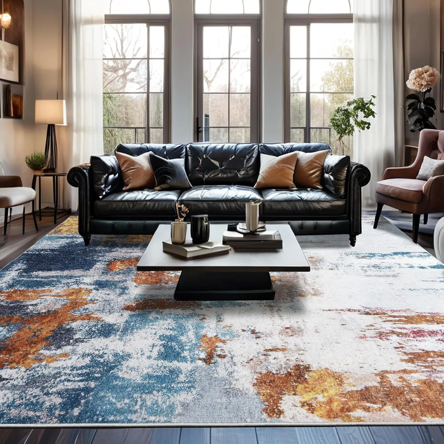 Area Rug 6x9 Washable Rugs Modern Abstract Area Rug Soft Non-Slip Non-Shedding Faux Wool Stain Resistant Floor Carpets for Living Room Bedroom Dining Room Kids Room Home Office (Blue, Grey, Gold)