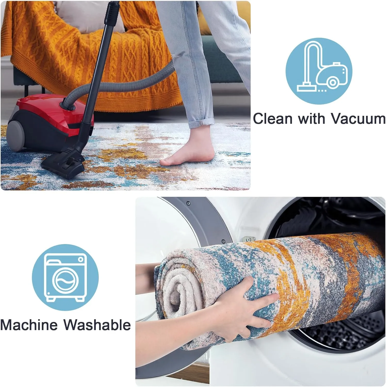 Area Rug 6x9 Washable Rugs Modern Abstract Area Rug Soft Non-Slip Non-Shedding Faux Wool Stain Resistant Floor Carpets for Living Room Bedroom Dining Room Kids Room Home Office (Blue, Grey, Gold)