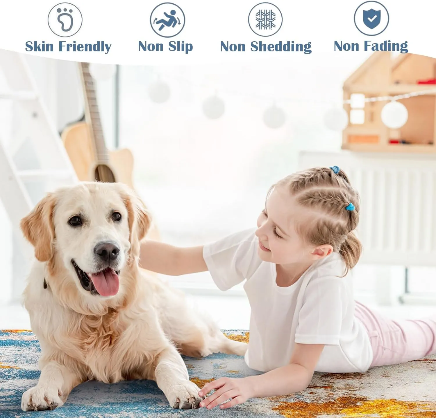 Area Rug 6x9 Washable Rugs Modern Abstract Area Rug Soft Non-Slip Non-Shedding Faux Wool Stain Resistant Floor Carpets for Living Room Bedroom Dining Room Kids Room Home Office (Blue, Grey, Gold)