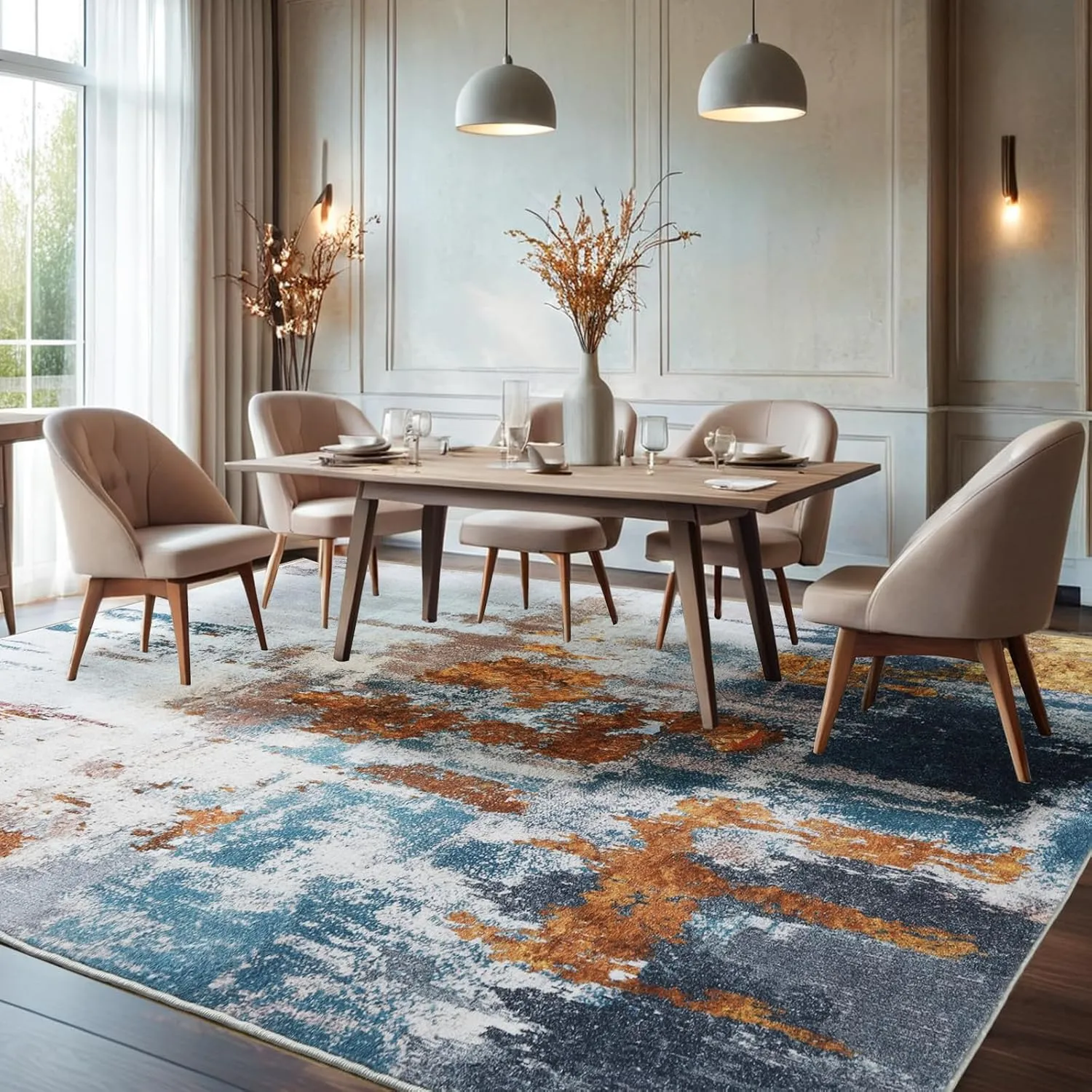 Area Rug 6x9 Washable Rugs Modern Abstract Area Rug Soft Non-Slip Non-Shedding Faux Wool Stain Resistant Floor Carpets for Living Room Bedroom Dining Room Kids Room Home Office (Blue, Grey, Gold)