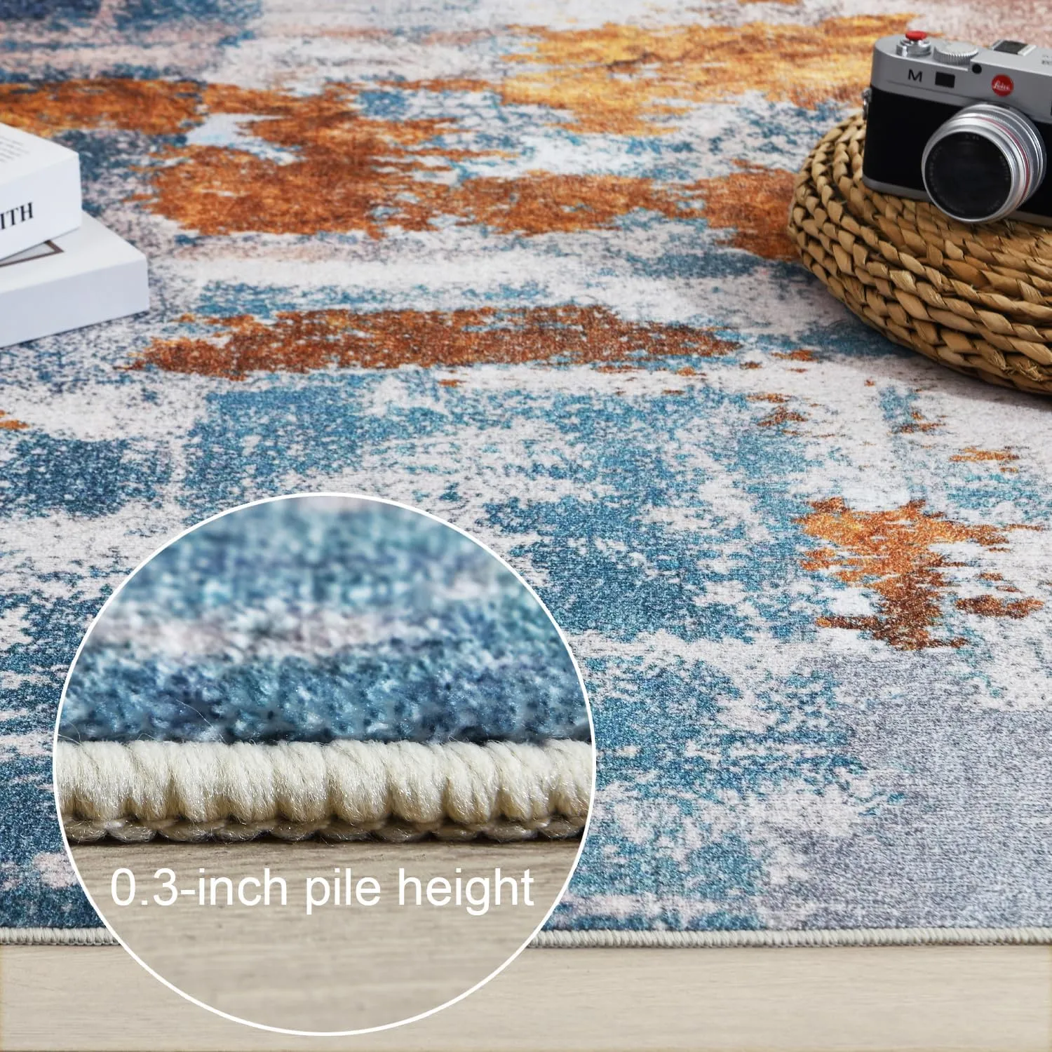 Area Rug 6x9 Washable Rugs Modern Abstract Area Rug Soft Non-Slip Non-Shedding Faux Wool Stain Resistant Floor Carpets for Living Room Bedroom Dining Room Kids Room Home Office (Blue, Grey, Gold)