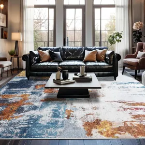 Area Rug 6x9 Washable Rugs Modern Abstract Area Rug Soft Non-Slip Non-Shedding Faux Wool Stain Resistant Floor Carpets for Living Room Bedroom Dining Room Kids Room Home Office (Blue, Grey, Gold)