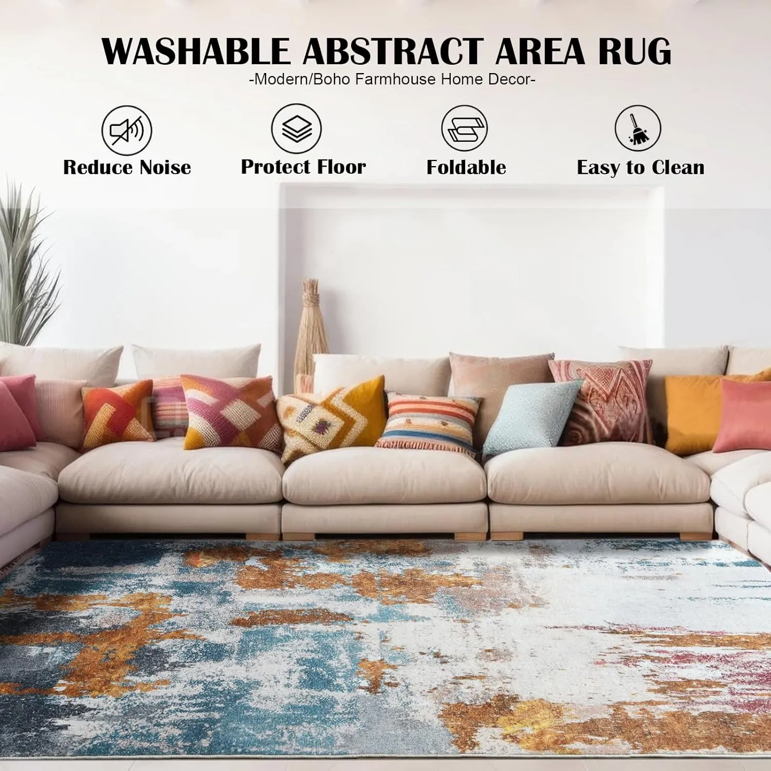 Area Rug 6x9 Washable Rugs Modern Abstract Area Rug Soft Non-Slip Non-Shedding Faux Wool Stain Resistant Floor Carpets for Living Room Bedroom Dining Room Kids Room Home Office (Blue, Grey, Gold)