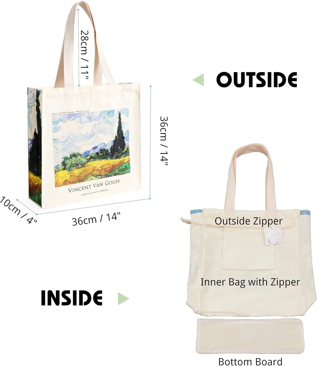 Art Canvas Tote Bag for Women with false flat bottom, zippers,interior Pocket,suitable for Shopping,Work,Travel
