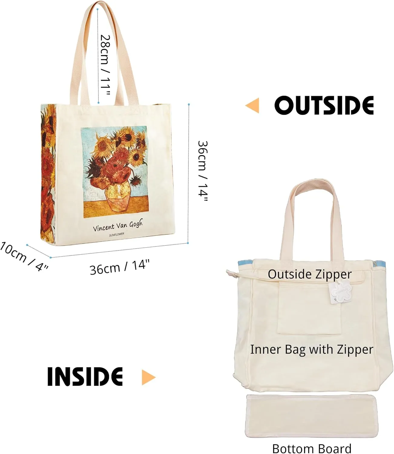 Art Canvas Tote Bag for Women with false flat bottom, zippers,interior Pocket,suitable for Shopping,Work,Travel