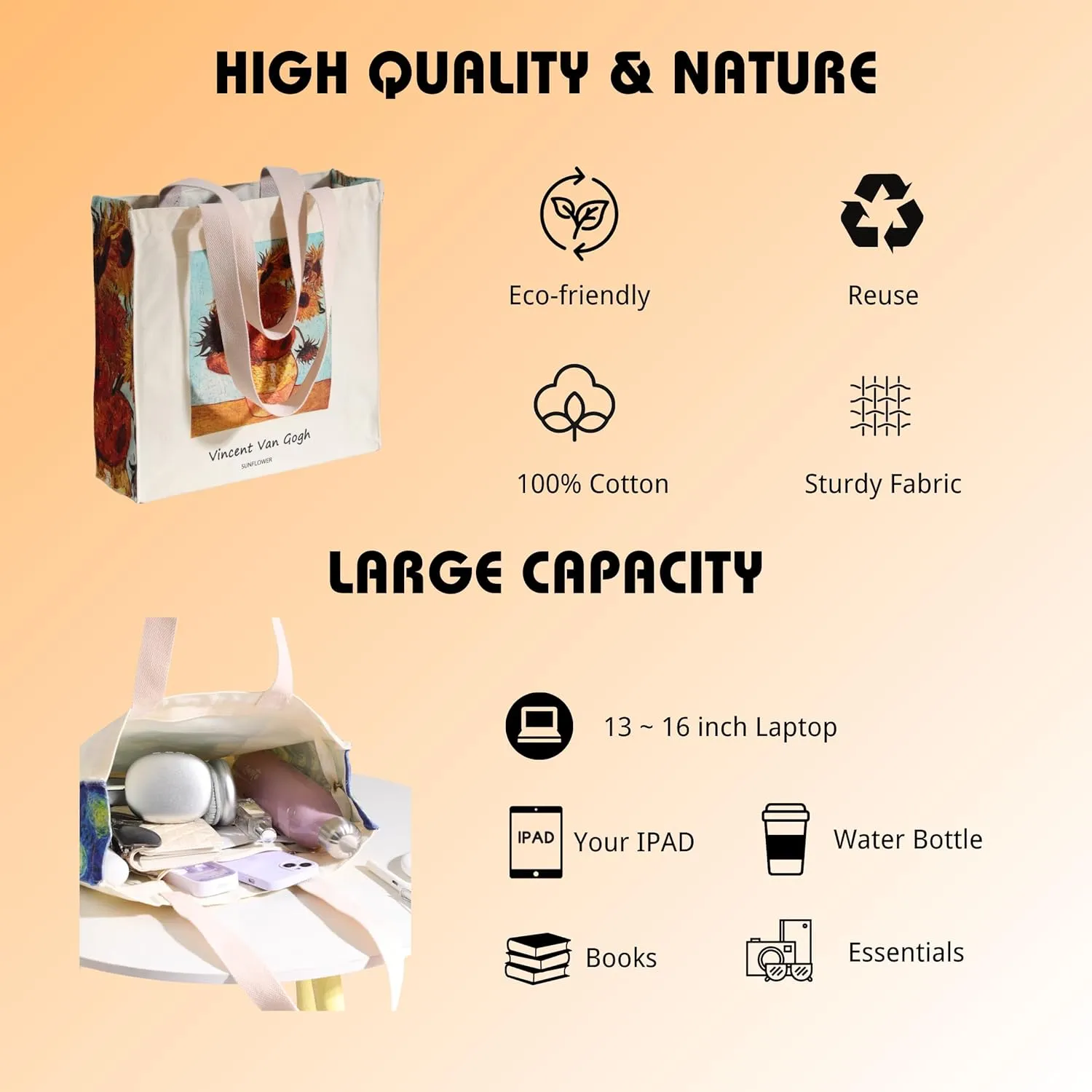 Art Canvas Tote Bag for Women with false flat bottom, zippers,interior Pocket,suitable for Shopping,Work,Travel