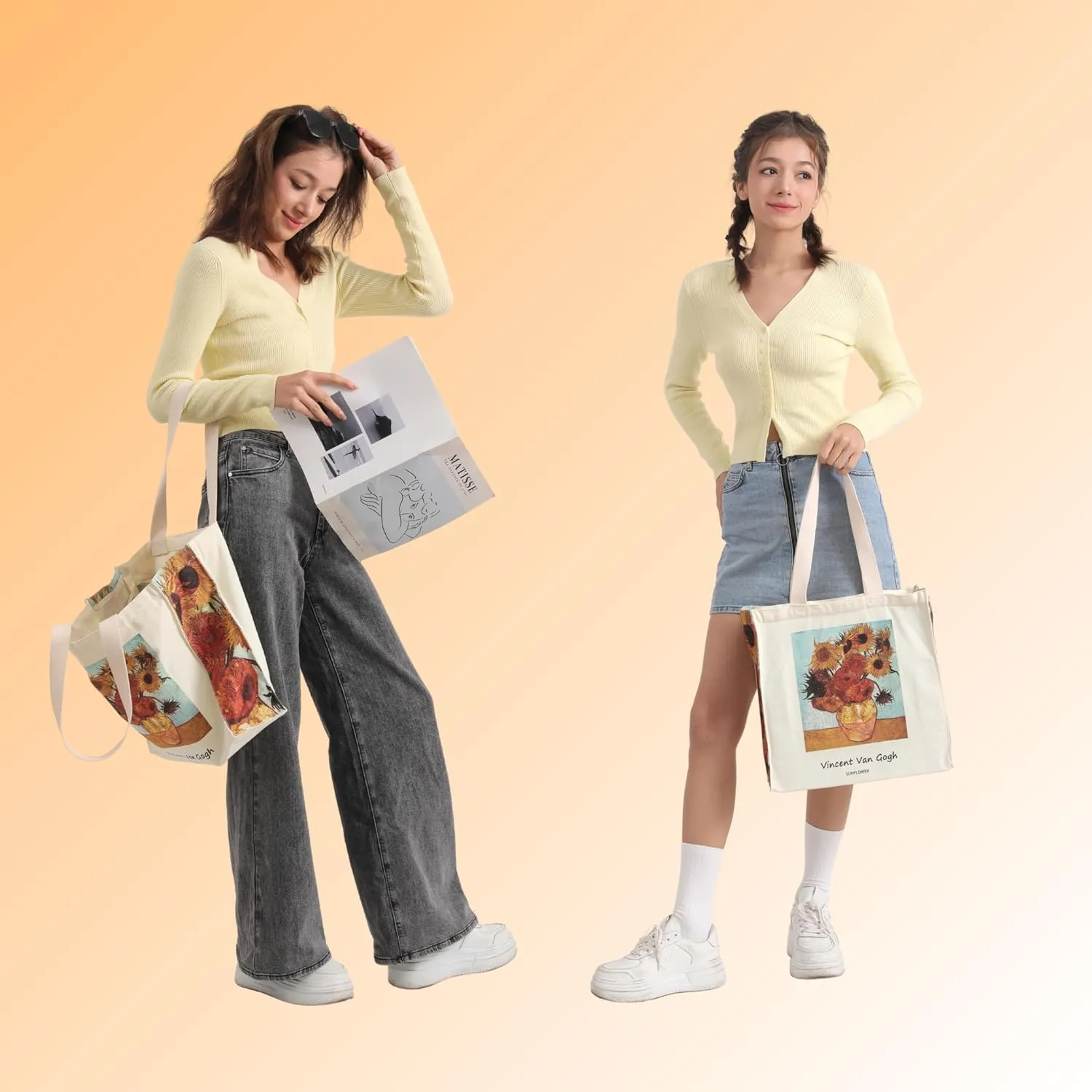 Art Canvas Tote Bag for Women with false flat bottom, zippers,interior Pocket,suitable for Shopping,Work,Travel