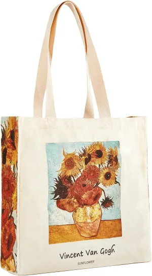 Art Canvas Tote Bag for Women with false flat bottom, zippers,interior Pocket,suitable for Shopping,Work,Travel