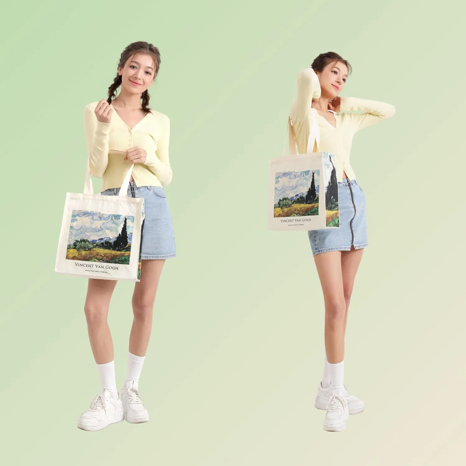Art Canvas Tote Bag for Women with false flat bottom, zippers,interior Pocket,suitable for Shopping,Work,Travel