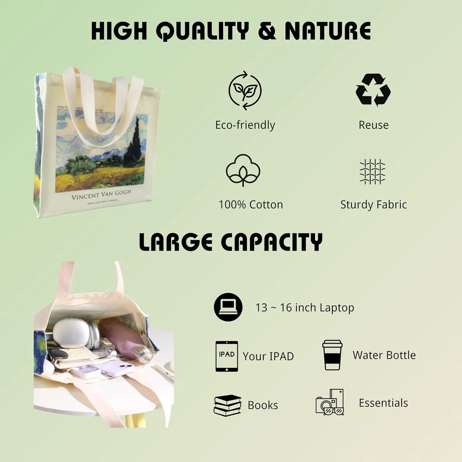 Art Canvas Tote Bag for Women with false flat bottom, zippers,interior Pocket,suitable for Shopping,Work,Travel