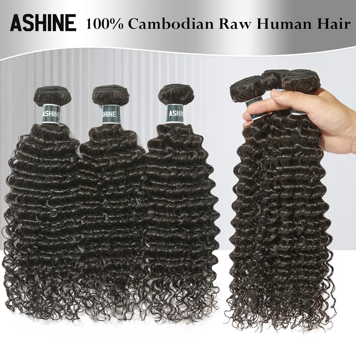 ASHINE Human Hair Bundle Deep Curly Water Wave, Unprocessed Cambodian Raw Hair 20 Inch, Flip Over Quick Weave Wet and Wave Bundles for Women Natural Black