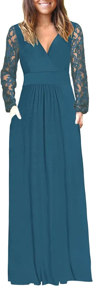AUSELILY Womens Long Sleeve Maxi Dress 2025 Fall Lace Sleeve Dress V Neck Wrap Waist Long Dresses with Pockets