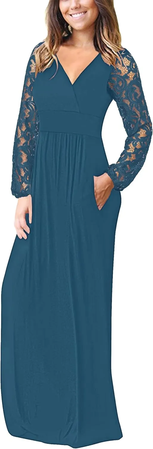 AUSELILY Womens Long Sleeve Maxi Dress 2025 Fall Lace Sleeve Dress V Neck Wrap Waist Long Dresses with Pockets