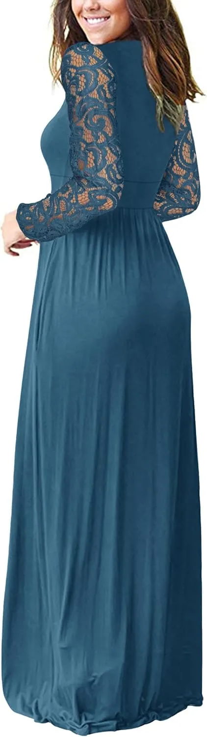 AUSELILY Womens Long Sleeve Maxi Dress 2025 Fall Lace Sleeve Dress V Neck Wrap Waist Long Dresses with Pockets