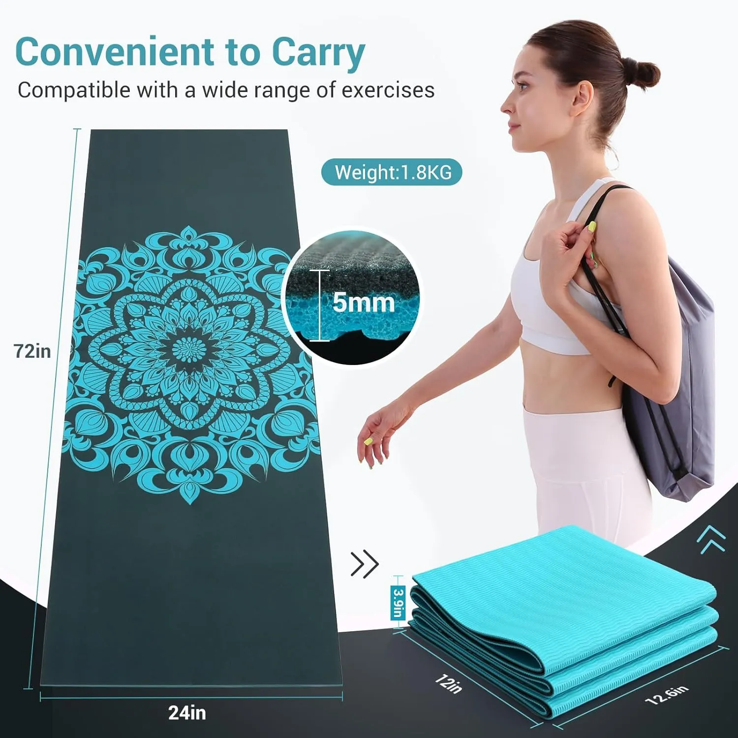 Avoalre Foldable Travel Yoga Mat Print | 5mm &6mm Thick Large Pilates Mat | Non-Slip High Density Floor Exercise Mat for Home Workout | Eco-Friendly Folding Fitness Mat for Women Men with Carrying Bag