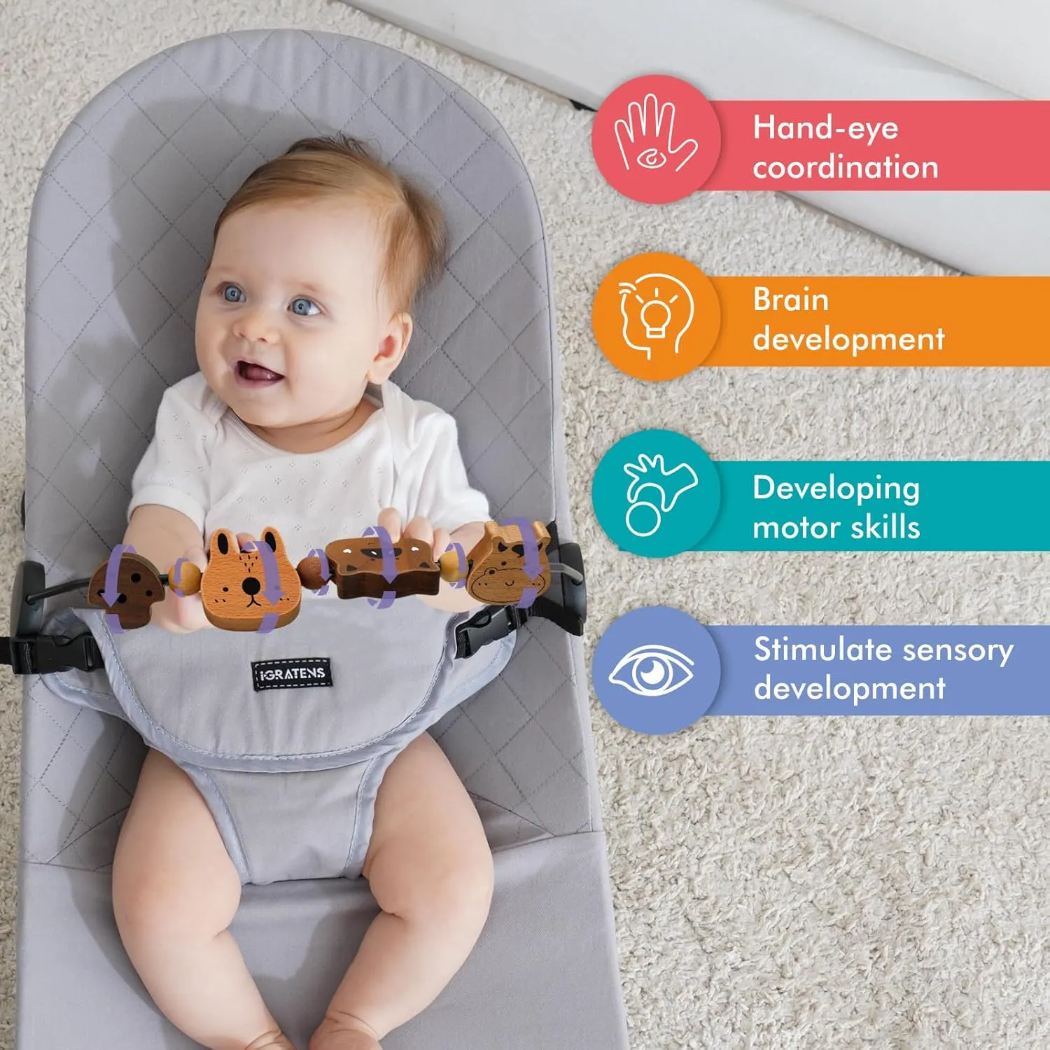 Baby Bjorn Bouncer Toy Bar - Toy Bar for Baby Bouncer Soft & Bliss, Easy to Attach and Remove, 360°Rotating Natural Wooden Toys, Exciting Design for Curious Babies, Farm Animals