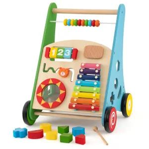 BABY JOY Wooden Baby Walker, Push and Pull Sit-to-Stand Learning Walker Activity Center, Toddler Montessori Educational Toy, Develops Motor Skills & Stimulates Creativity, Push Walker for Boys Girls