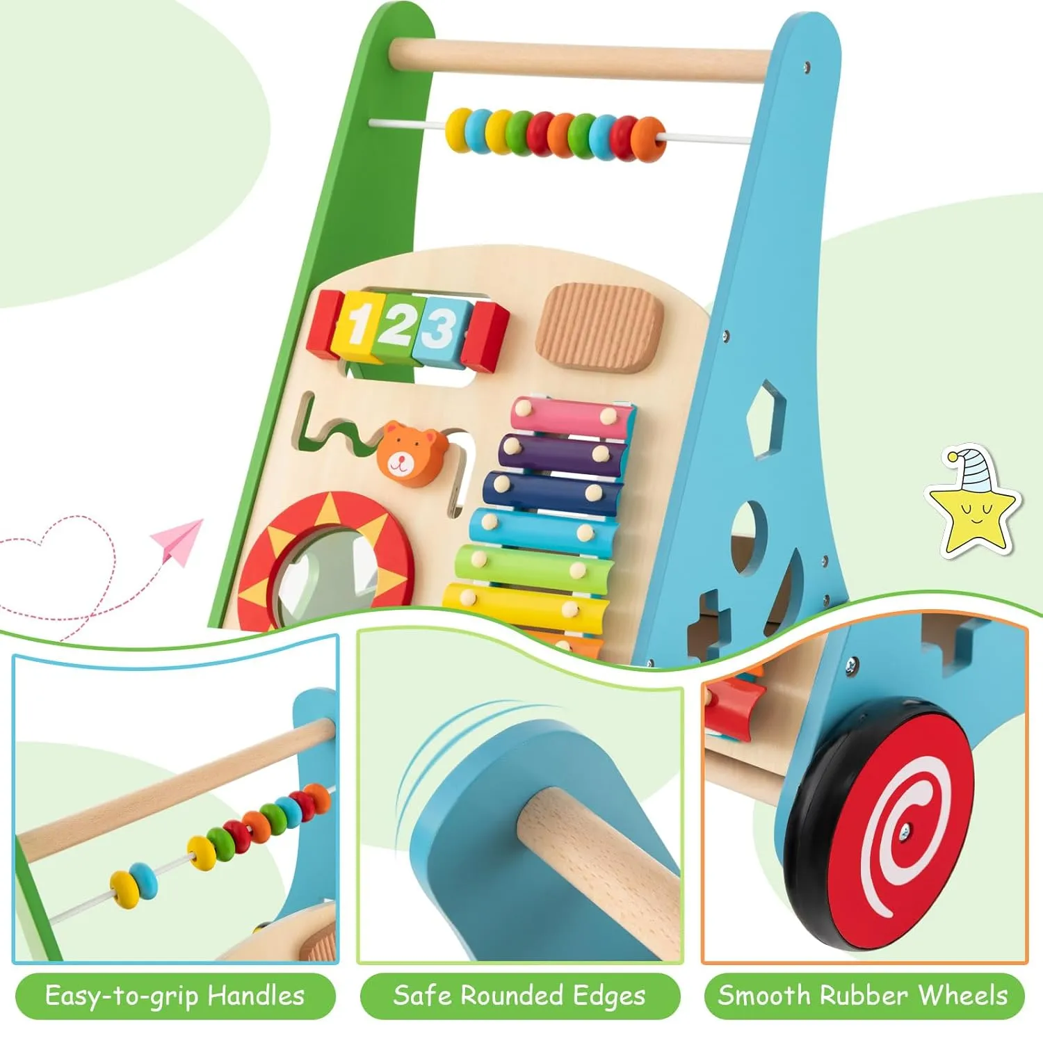 BABY JOY Wooden Baby Walker, Push and Pull Sit-to-Stand Learning Walker Activity Center, Toddler Montessori Educational Toy, Develops Motor Skills & Stimulates Creativity, Push Walker for Boys Girls