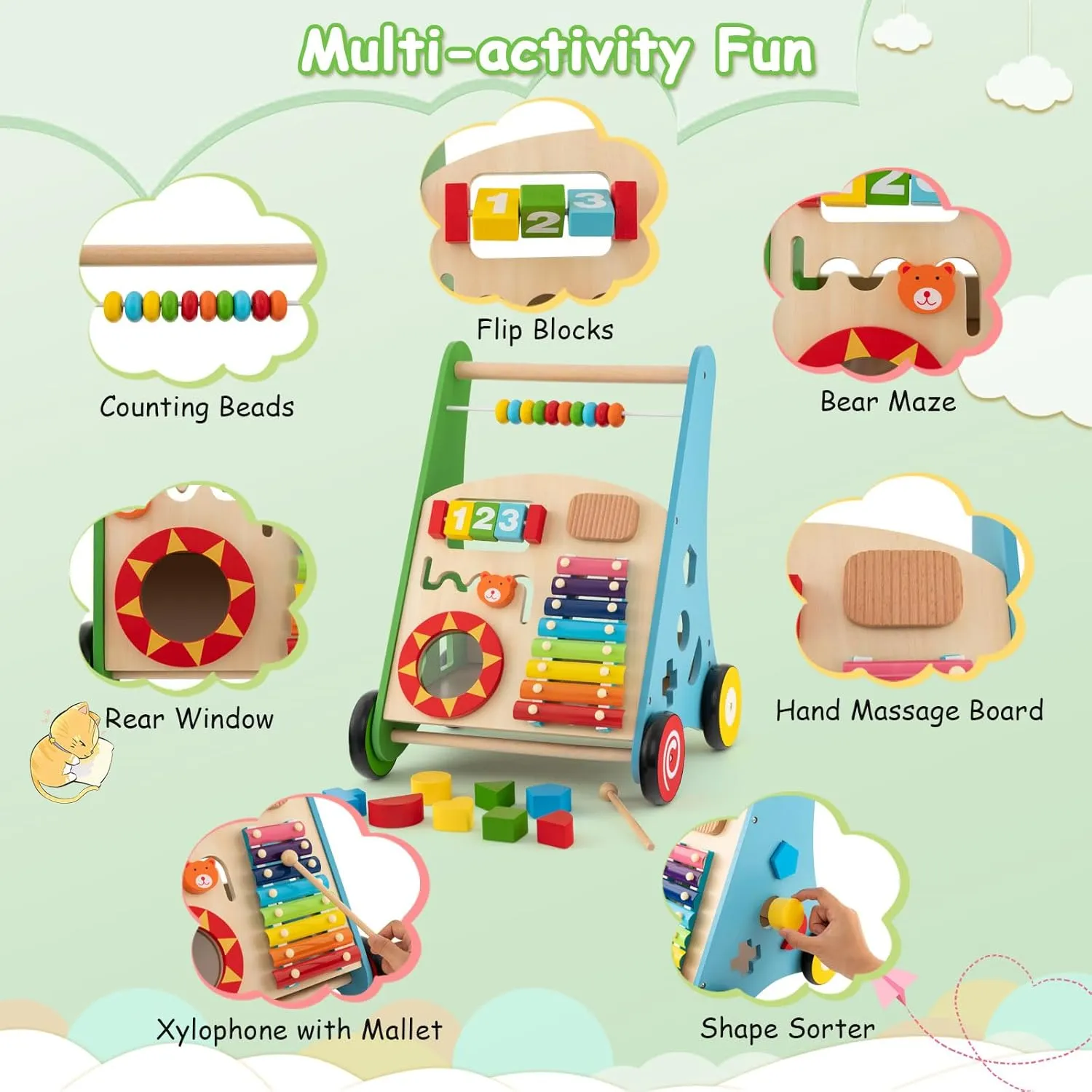 BABY JOY Wooden Baby Walker, Push and Pull Sit-to-Stand Learning Walker Activity Center, Toddler Montessori Educational Toy, Develops Motor Skills & Stimulates Creativity, Push Walker for Boys Girls
