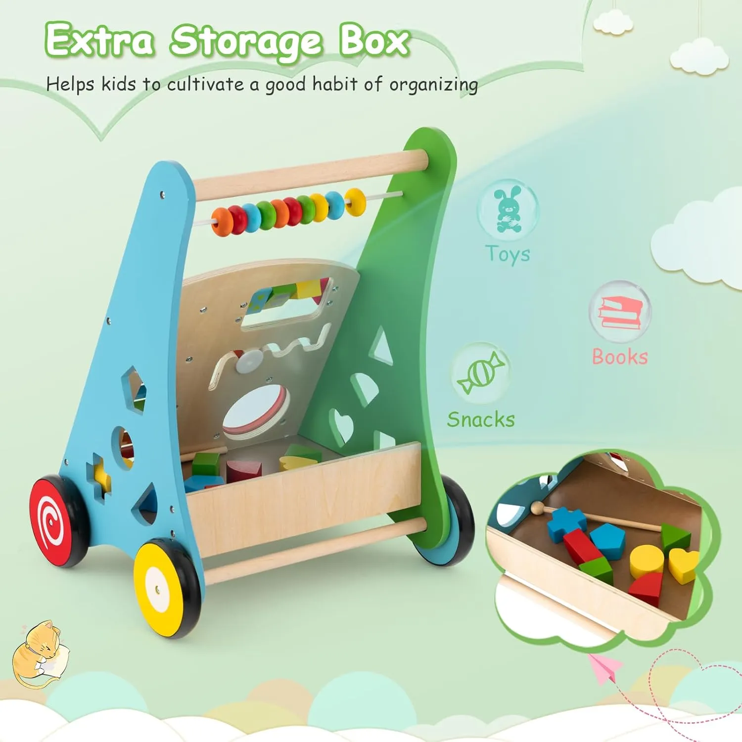 BABY JOY Wooden Baby Walker, Push and Pull Sit-to-Stand Learning Walker Activity Center, Toddler Montessori Educational Toy, Develops Motor Skills & Stimulates Creativity, Push Walker for Boys Girls