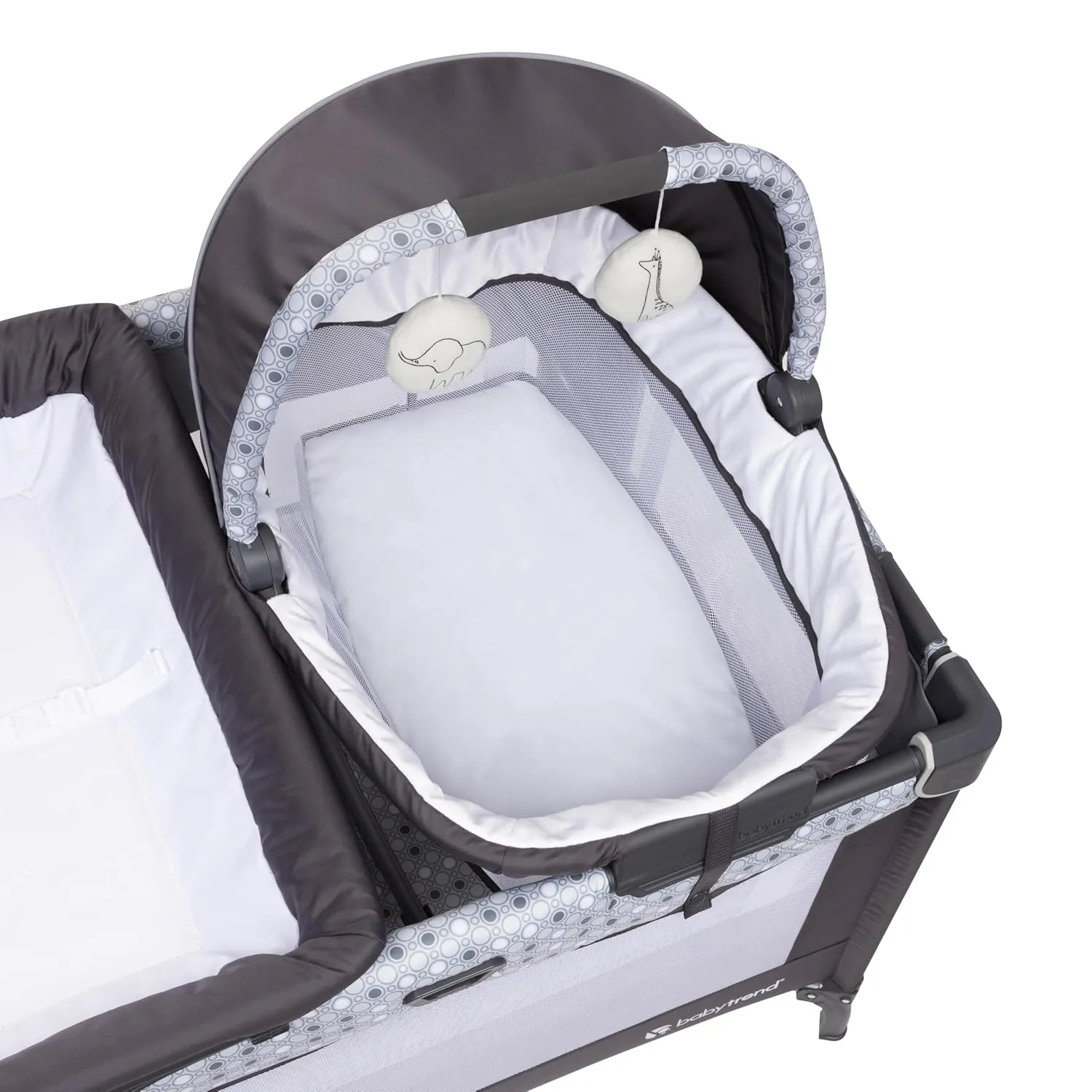 Baby Trend Nursery Den Playard with with Rocking Cradle, Snooze Pod, Flip Over Changer, Pebble Stone Grey