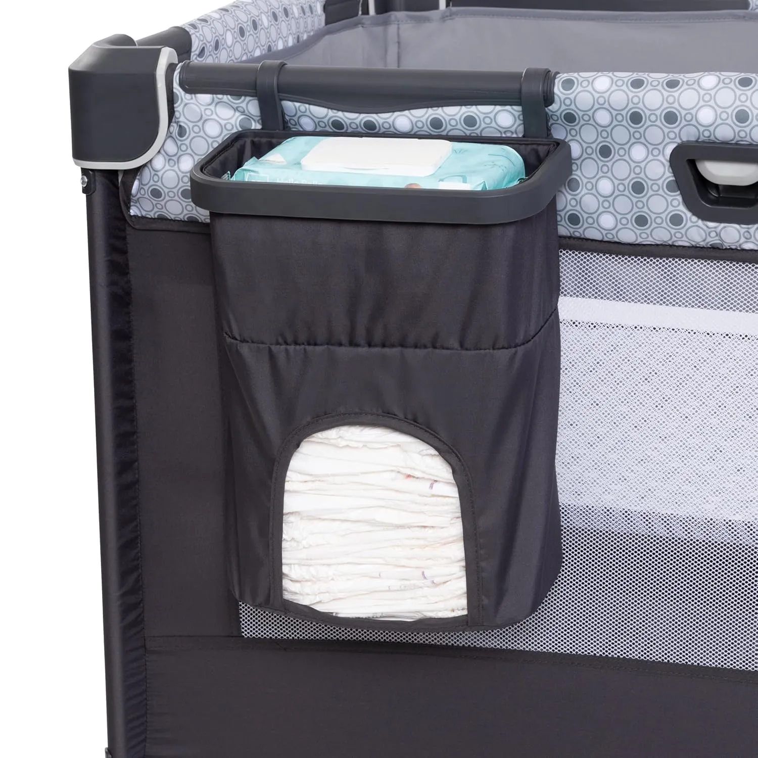 Baby Trend Nursery Den Playard with with Rocking Cradle, Snooze Pod, Flip Over Changer, Pebble Stone Grey