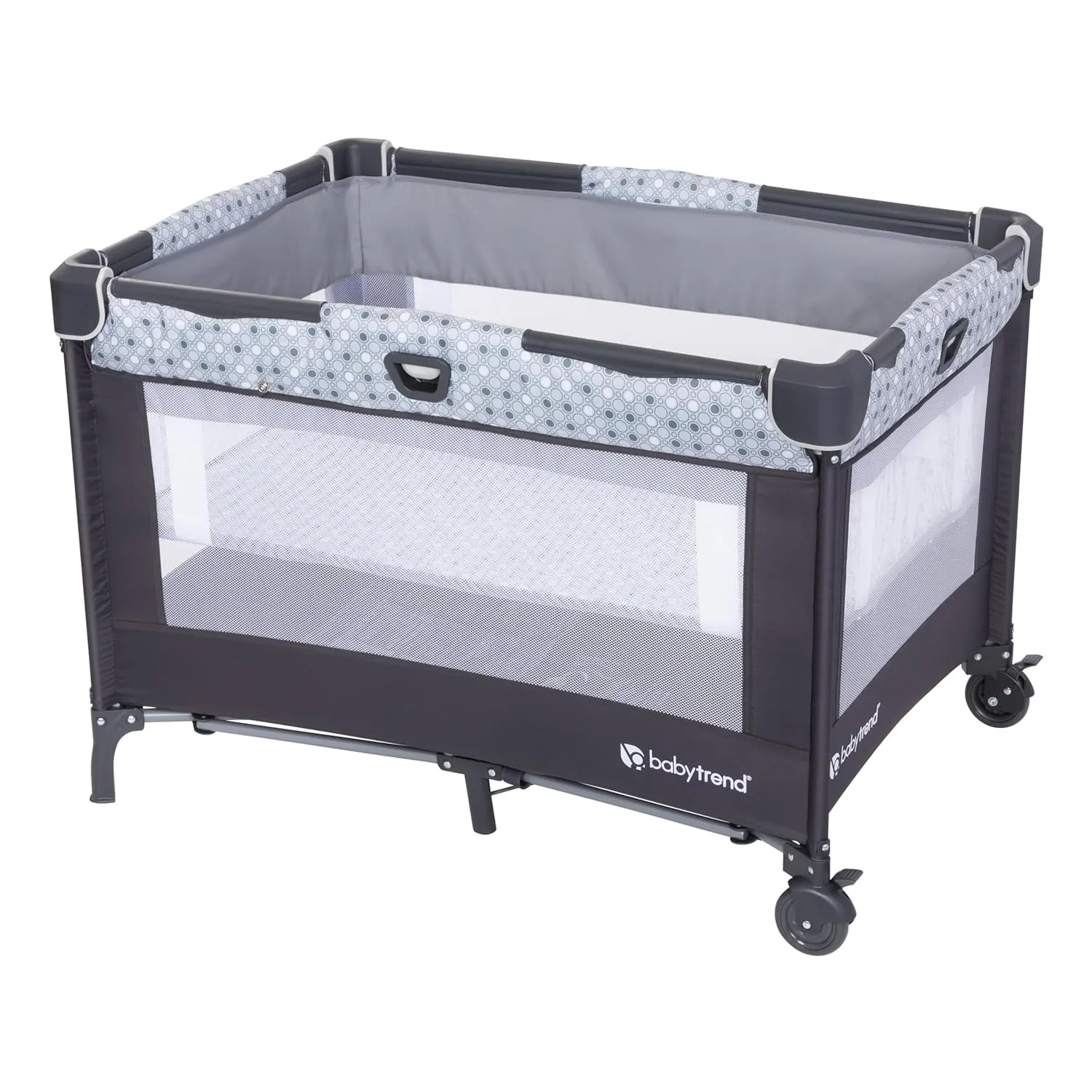 Baby Trend Nursery Den Playard with with Rocking Cradle, Snooze Pod, Flip Over Changer, Pebble Stone Grey
