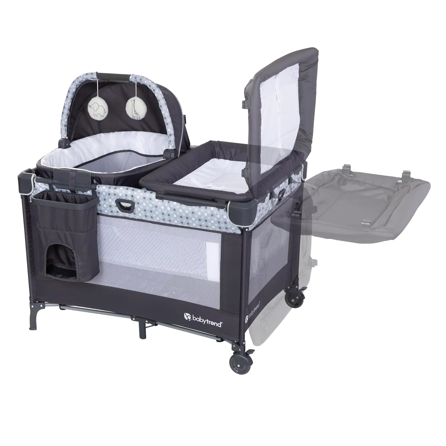 Baby Trend Nursery Den Playard with with Rocking Cradle, Snooze Pod, Flip Over Changer, Pebble Stone Grey