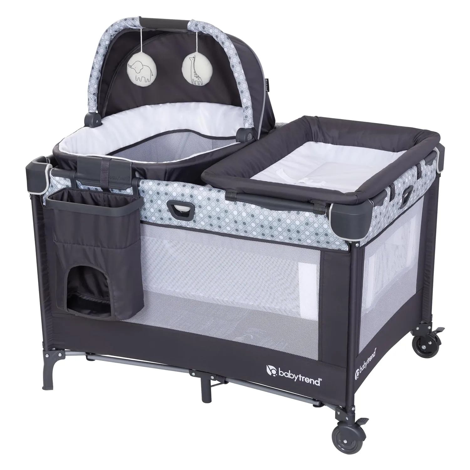 Baby Trend Nursery Den Playard with with Rocking Cradle, Snooze Pod, Flip Over Changer, Pebble Stone Grey