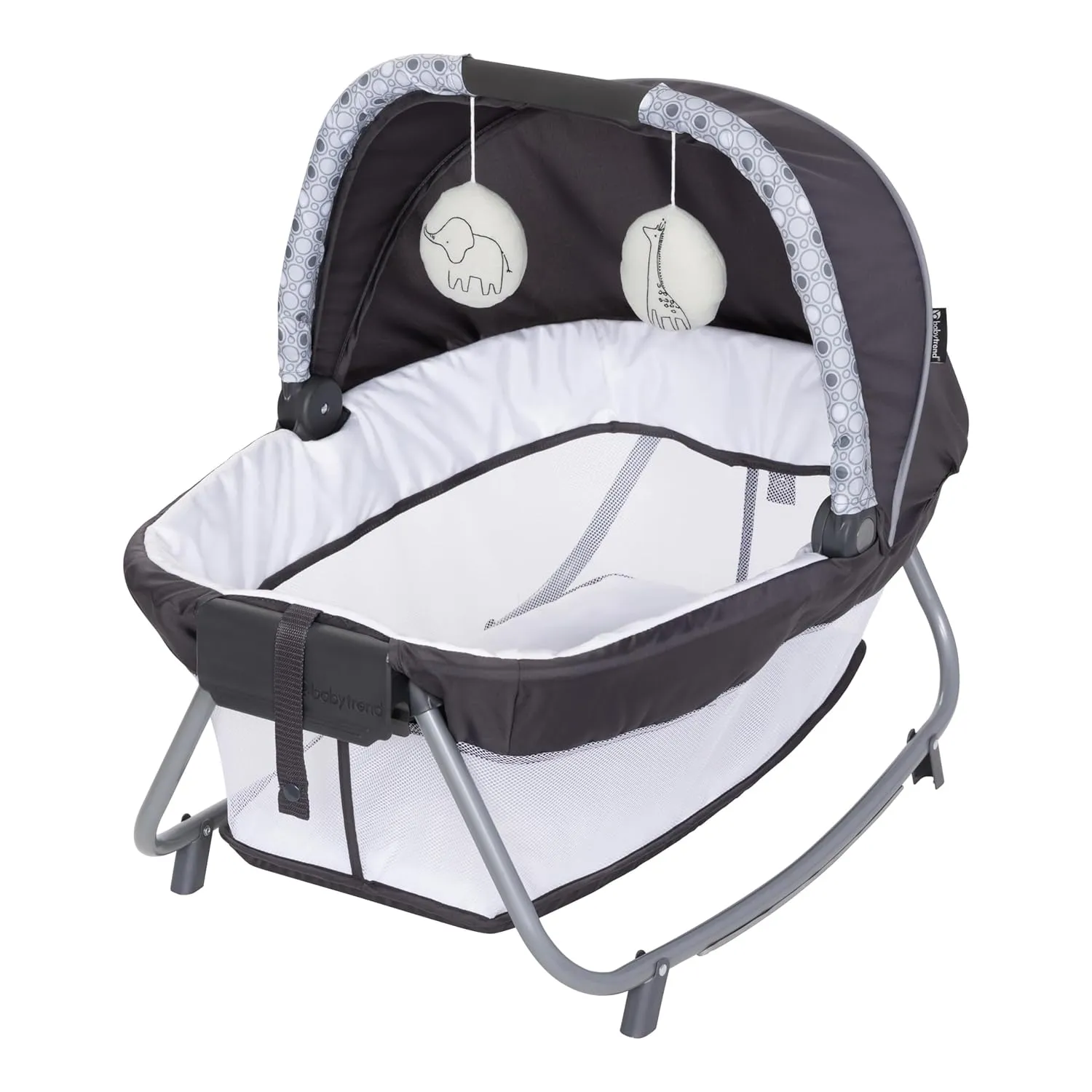 Baby Trend Nursery Den Playard with with Rocking Cradle, Snooze Pod, Flip Over Changer, Pebble Stone Grey