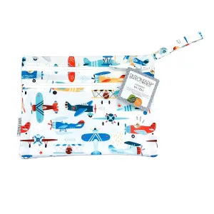 BapronBaby Retro Airplanes Wet Dry Bag - Waterproof Two Zipper Pockets - Reusable for Mealtime, Diapers, Stroller, Snacks, Swimsuits - Machine Washable - 11" x 9"