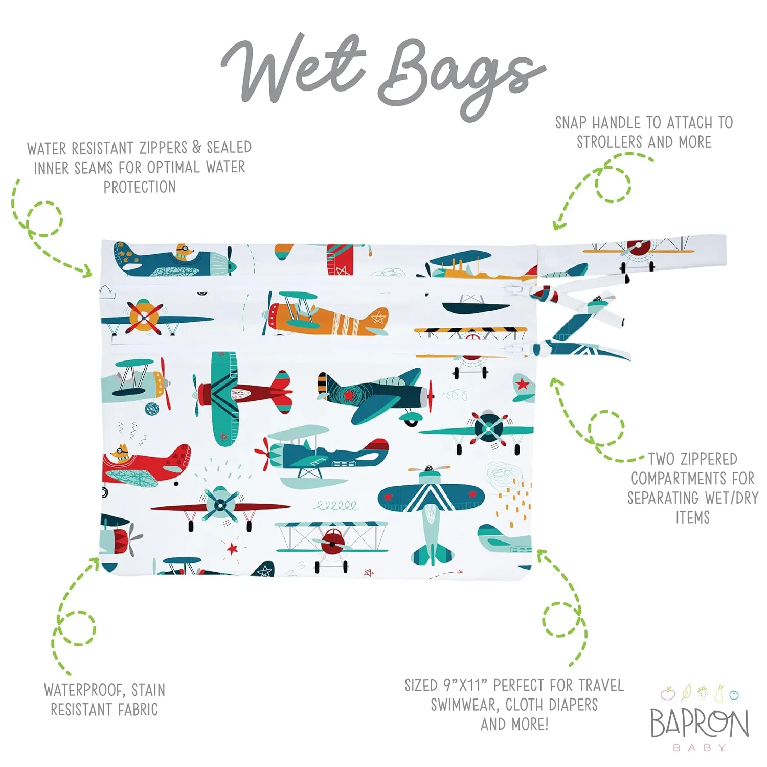 BapronBaby Retro Airplanes Wet Dry Bag - Waterproof Two Zipper Pockets - Reusable for Mealtime, Diapers, Stroller, Snacks, Swimsuits - Machine Washable - 11" x 9"