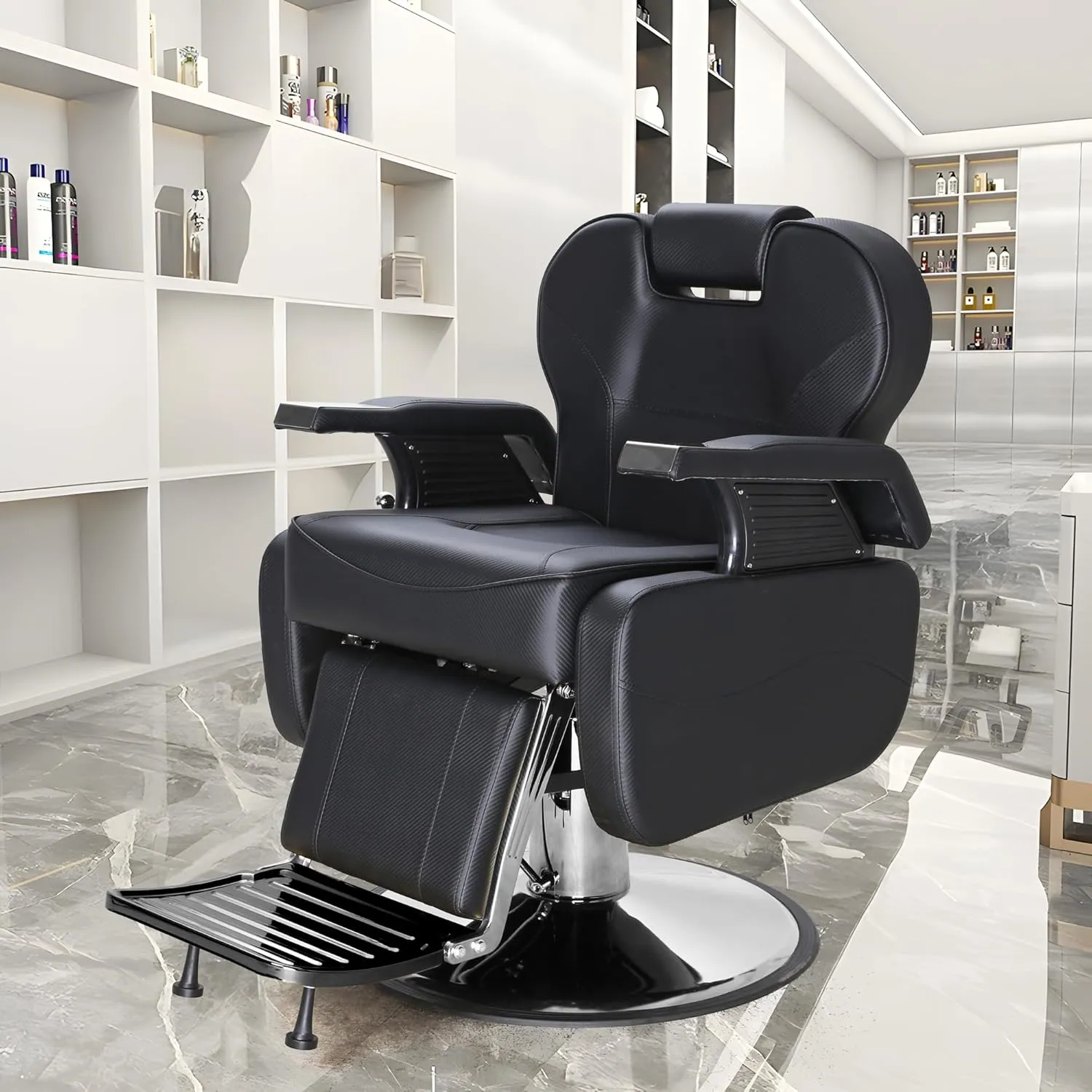 Barber Chairs for Barbershop, Heavy Duty Hydraulic Barber Chair 360° Swivel Reclining, Adjustable PU Leather Beauty Salon Chair for Barbershop Spa Black/Silver
