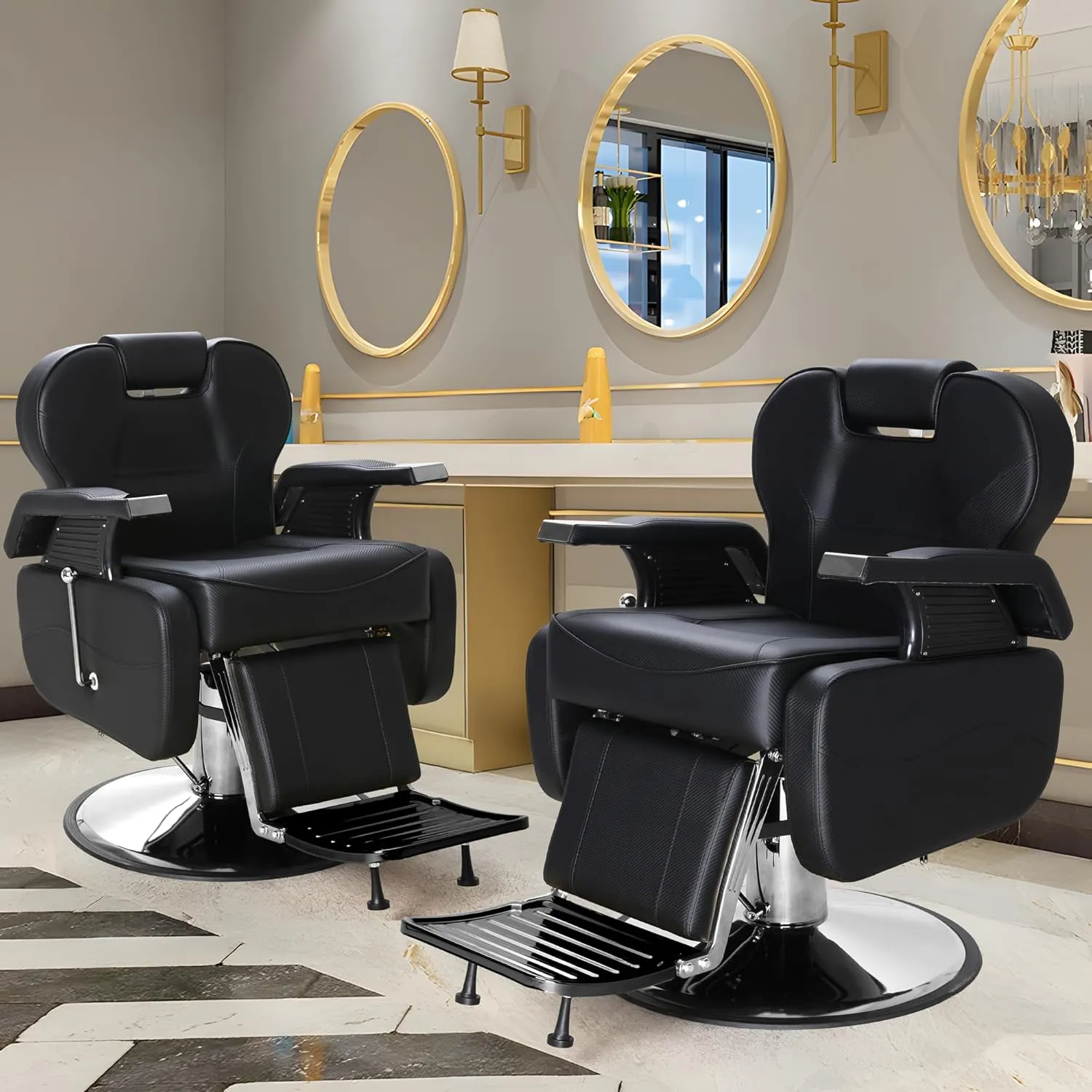 Barber Chairs for Barbershop, Heavy Duty Hydraulic Barber Chair 360° Swivel Reclining, Adjustable PU Leather Beauty Salon Chair for Barbershop Spa Black/Silver