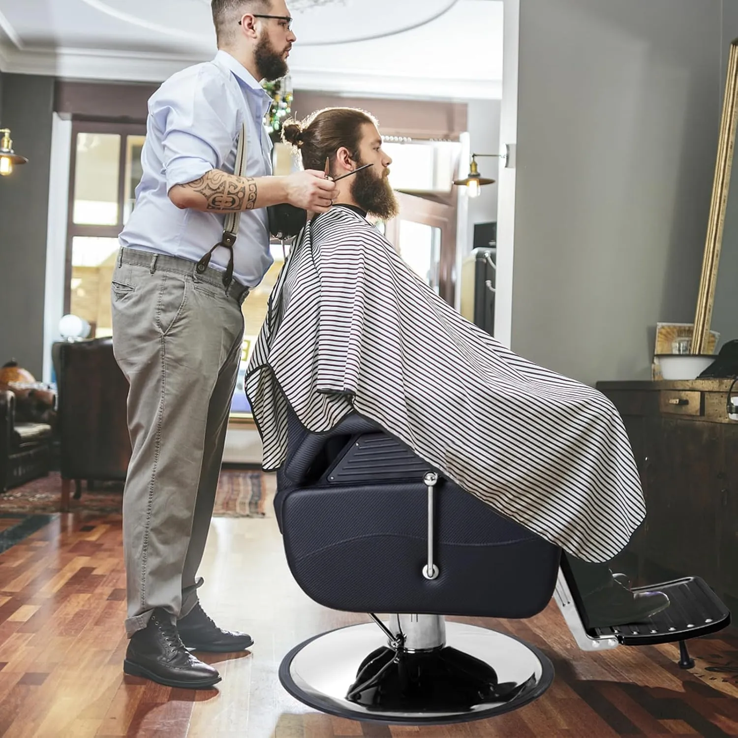 Barber Chairs for Barbershop, Heavy Duty Hydraulic Barber Chair 360° Swivel Reclining, Adjustable PU Leather Beauty Salon Chair for Barbershop Spa Black/Silver