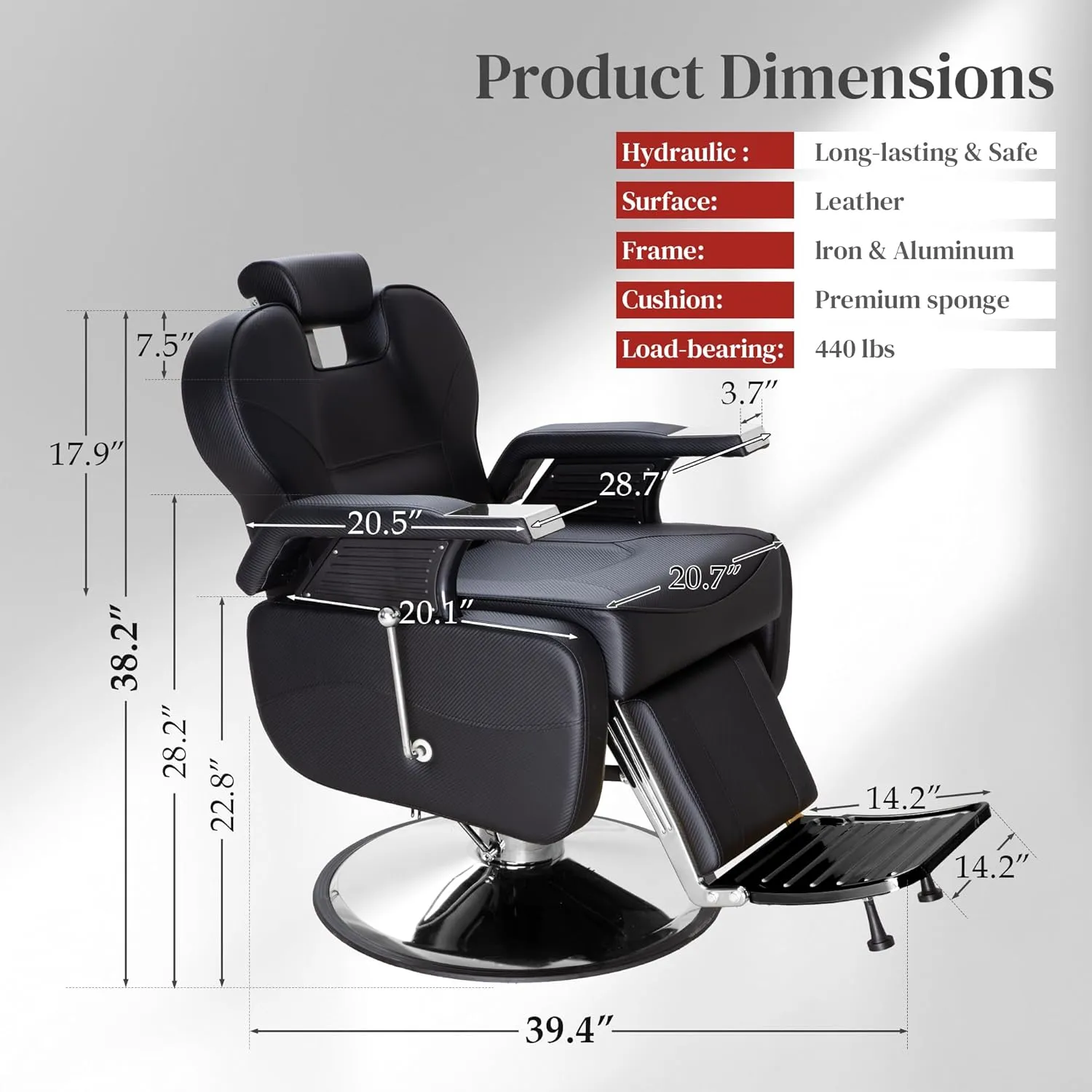 Barber Chairs for Barbershop, Heavy Duty Hydraulic Barber Chair 360° Swivel Reclining, Adjustable PU Leather Beauty Salon Chair for Barbershop Spa Black/Silver