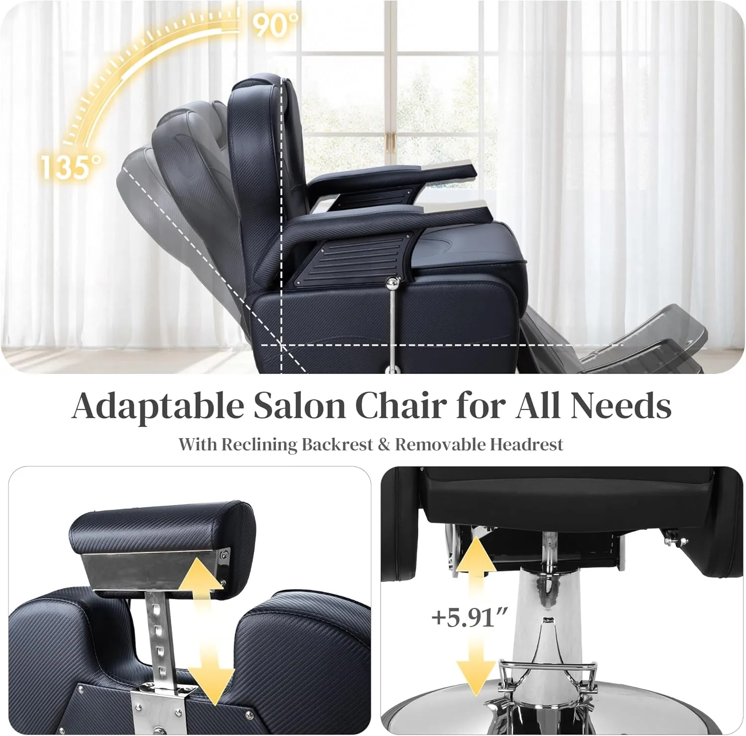 Barber Chairs for Barbershop, Heavy Duty Hydraulic Barber Chair 360° Swivel Reclining, Adjustable PU Leather Beauty Salon Chair for Barbershop Spa Black/Silver