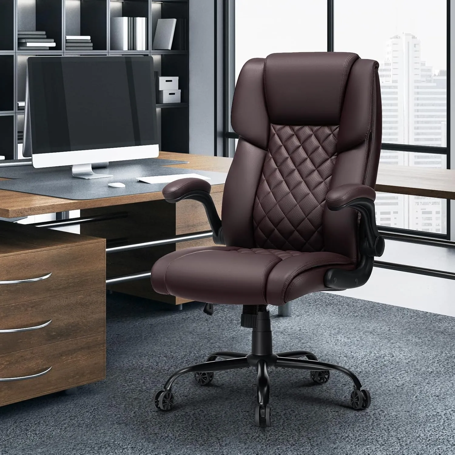 Big and Tall Office Chair 450lbs Heavy Duty Ergonomic Executive Desk Chair with Adjustable Lumbar Support High Back Home Computer Leather Chair with Adjustable Tilt Tention for Heavy People,Brown
