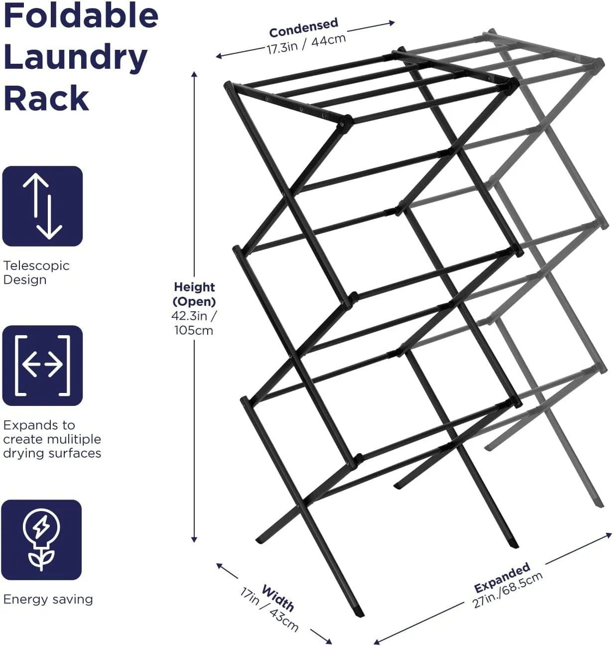 BLACK DECKER Laundry Organization Expandable/Collapsible Clothes Drying Rack. Essential for Camping/Trailers or Anywhere You Air Dry Laundry. Oversized for Multiple Garments, (Black)