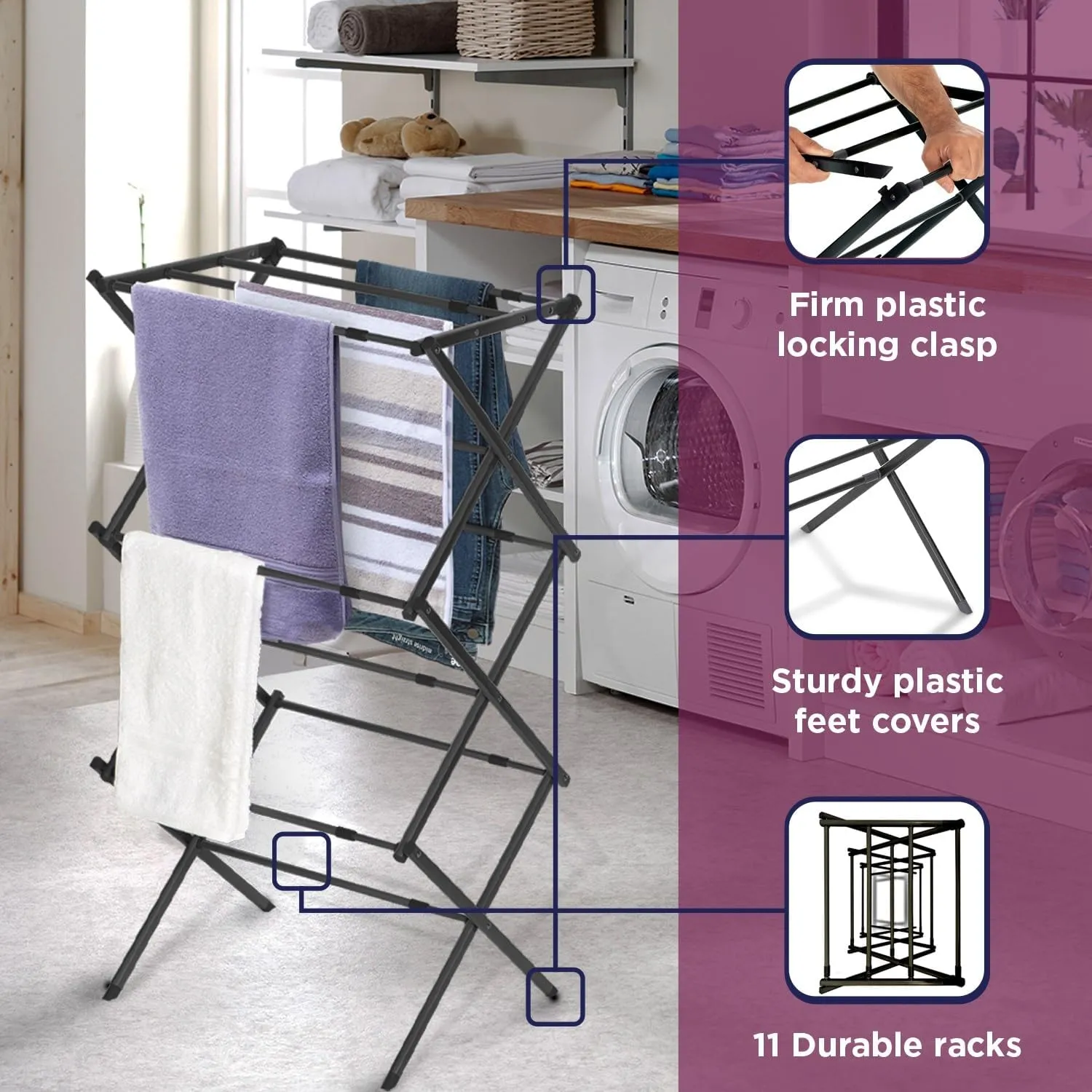 BLACK DECKER Laundry Organization Expandable/Collapsible Clothes Drying Rack. Essential for Camping/Trailers or Anywhere You Air Dry Laundry. Oversized for Multiple Garments, (Black)