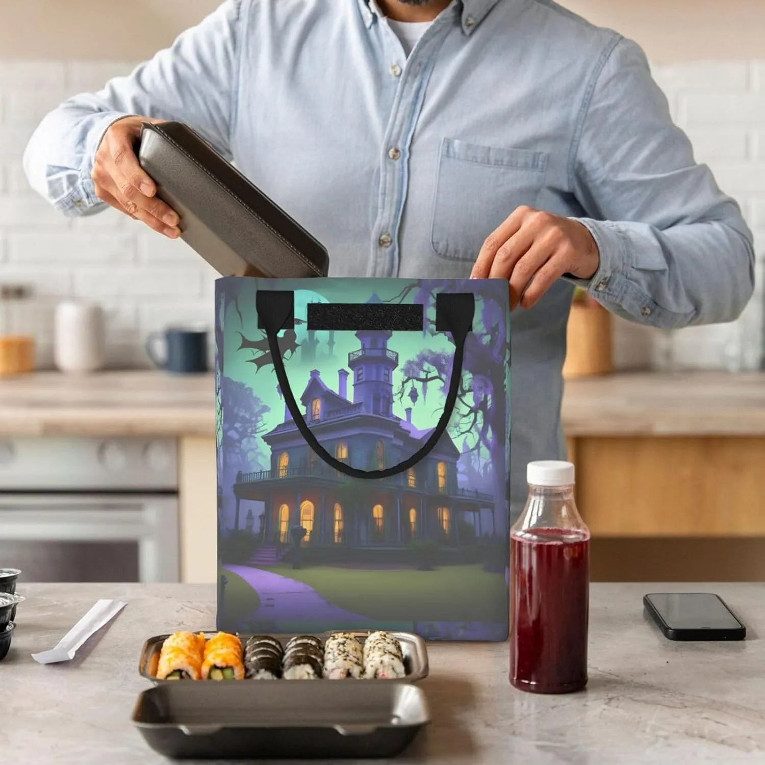 Black Haunted Mansion Reusable Lunch Box, Paper Bag Sandwich Carrier For Adults, Ideal For Office, Gym, Travel