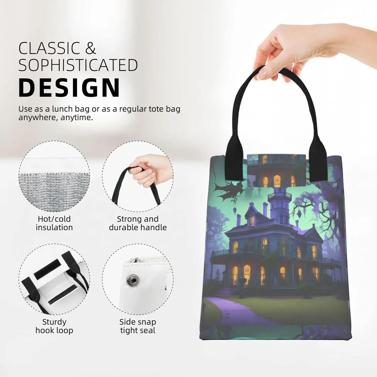 Black Haunted Mansion Reusable Lunch Box, Paper Bag Sandwich Carrier For Adults, Ideal For Office, Gym, Travel