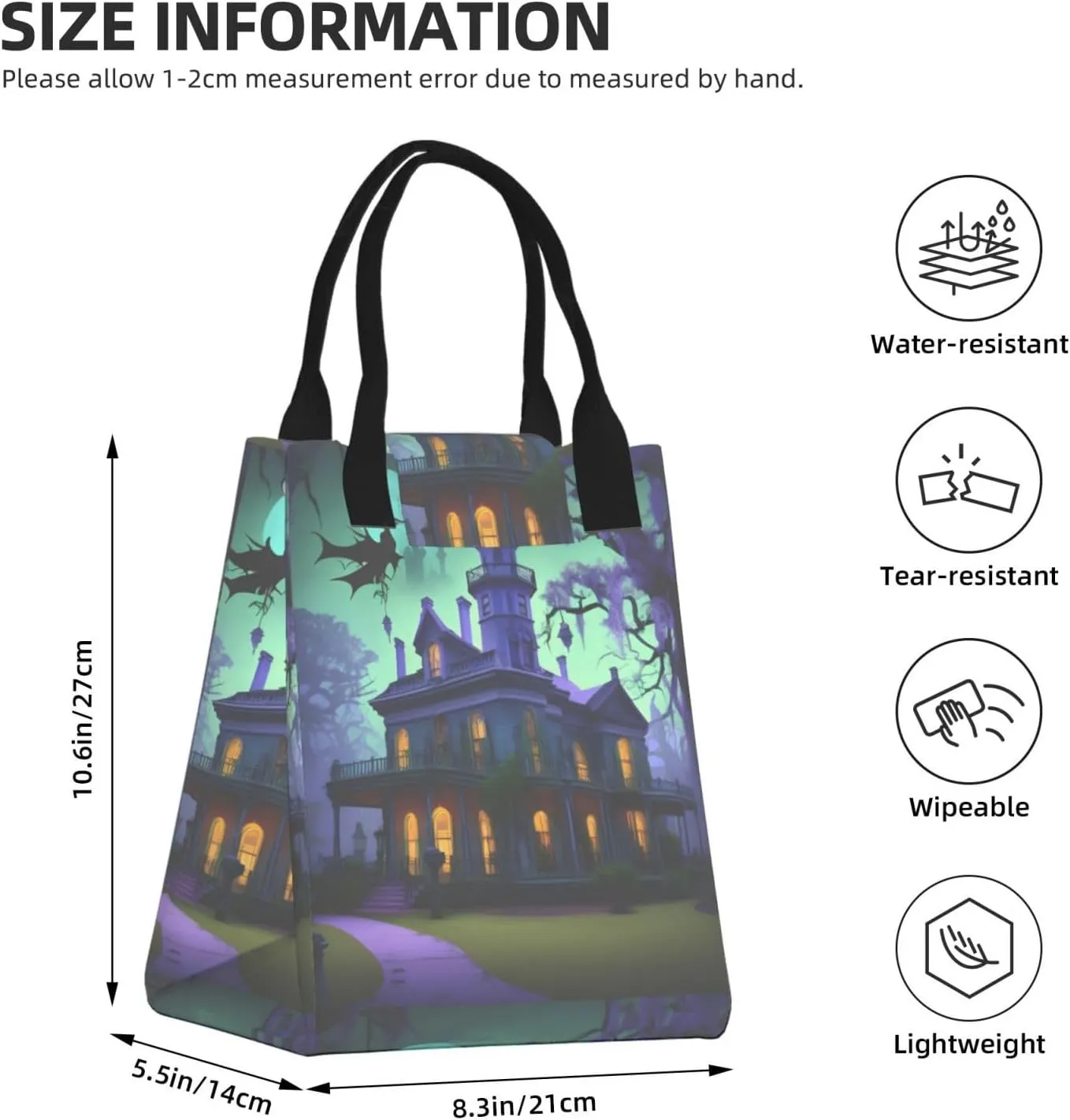 Black Haunted Mansion Reusable Lunch Box, Paper Bag Sandwich Carrier For Adults, Ideal For Office, Gym, Travel