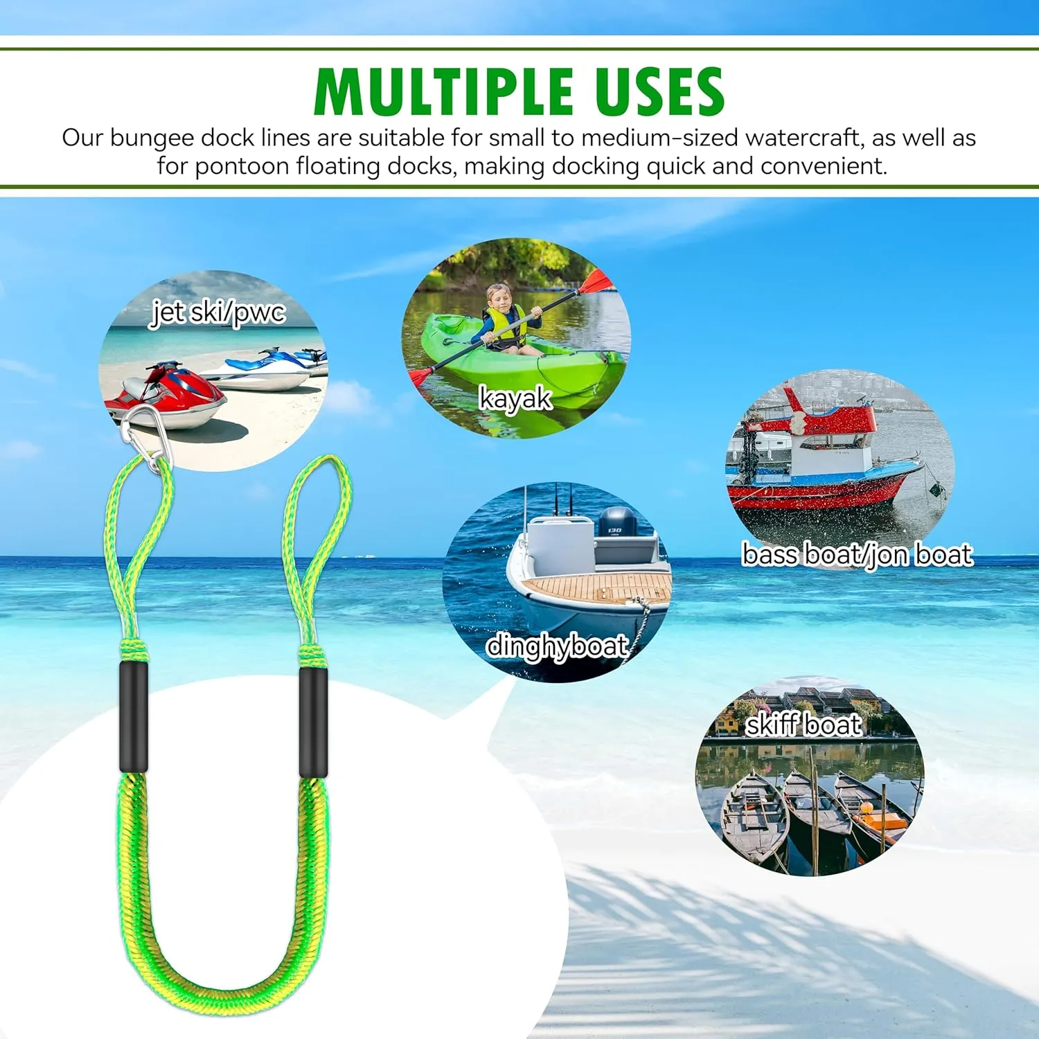 Boat Bungee Dock Lines 4 ft - Single Hook Dock Rope with 2 Loops, 2 Pack (Green-Yellow)
