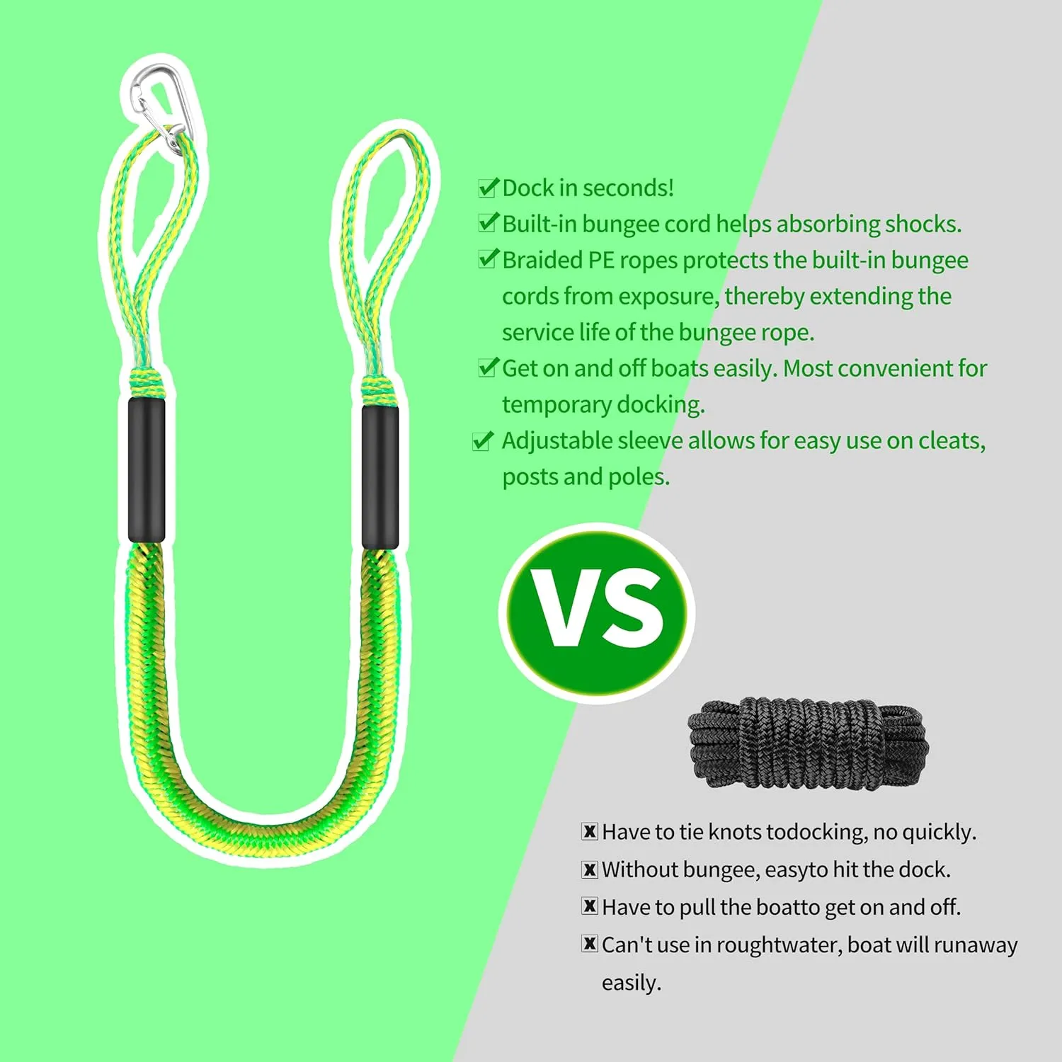 Boat Bungee Dock Lines 4 ft - Single Hook Dock Rope with 2 Loops, 2 Pack (Green-Yellow)