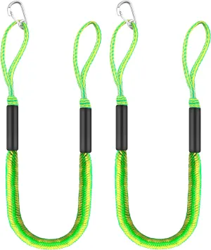 Boat Bungee Dock Lines 4 ft - Single Hook Dock Rope with 2 Loops, 2 Pack (Green-Yellow)