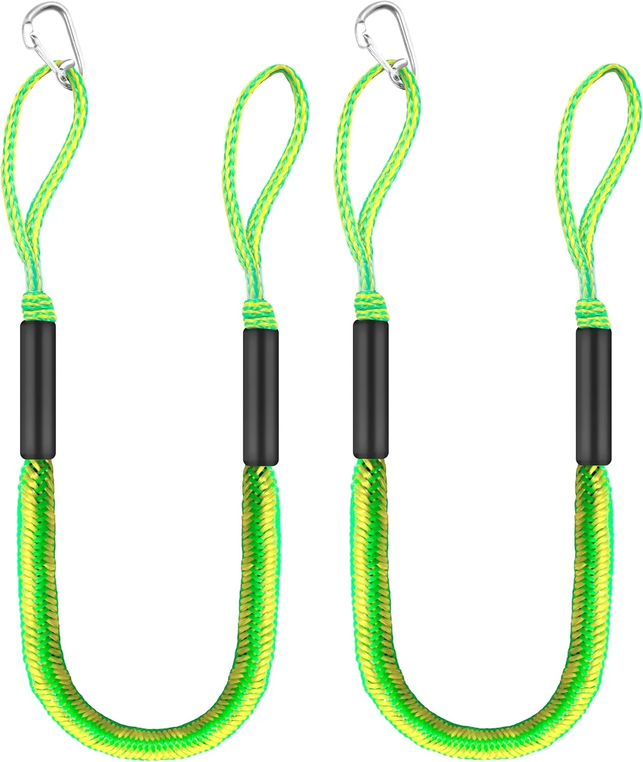 Boat Bungee Dock Lines 4 ft - Single Hook Dock Rope with 2 Loops, 2 Pack (Green-Yellow)